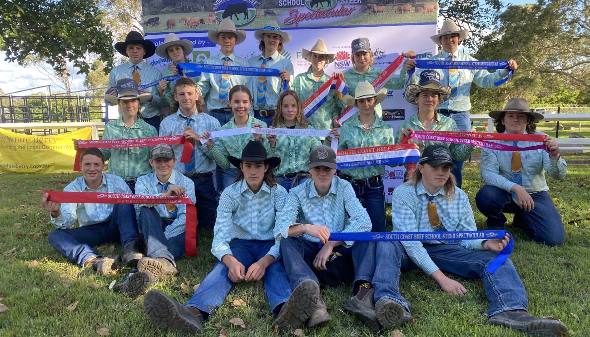 Narooma High School agriculture students with all their ribbons from the South Coast Beef School Steer Spectacular held in Nowra May 3-4. Picture supplied.