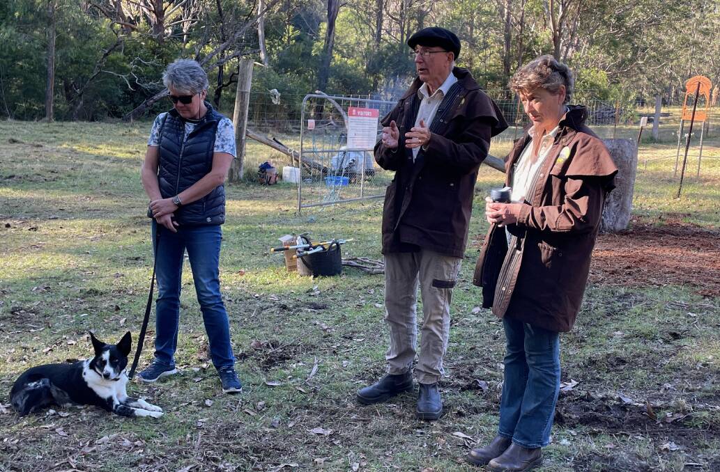 Dr Kate Le Bars of Montague Vets with professional truffle dog Hepburn, and Alan Burdon and Fiona Kotvojs of Gulaga Gold at the truffle hunt on Saturday, June 17. Picture by Marion Williams.