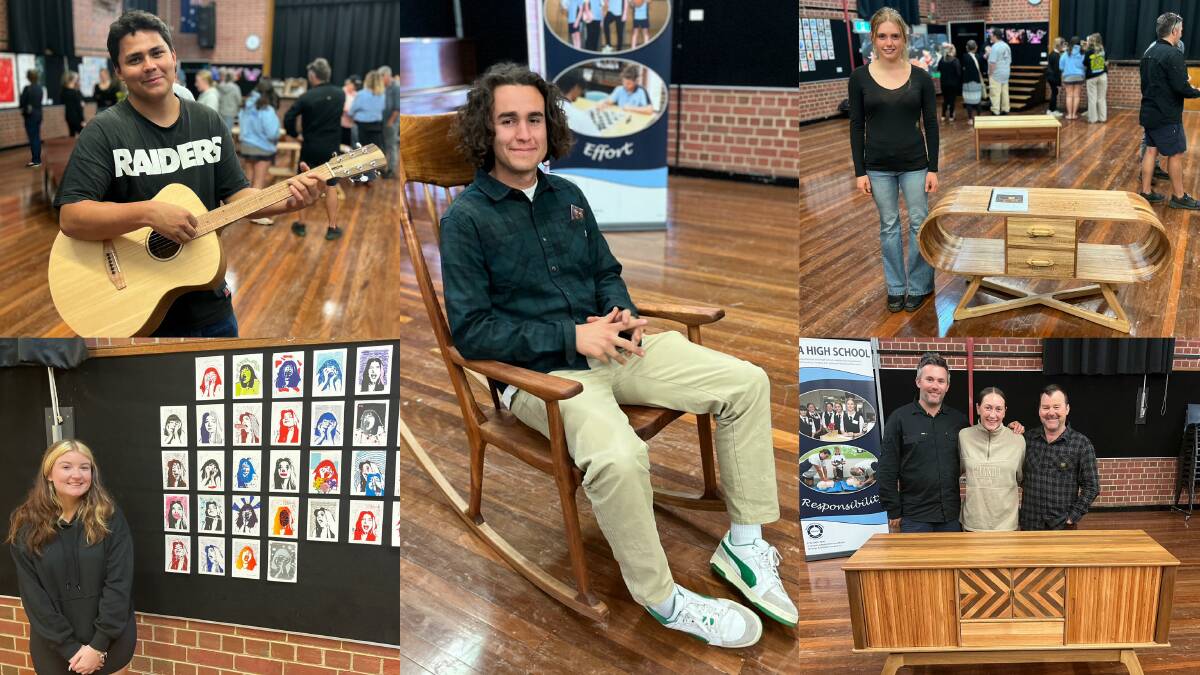 Some of the skilful students of Bega High School with their handmade creations. Pictures by James Parker