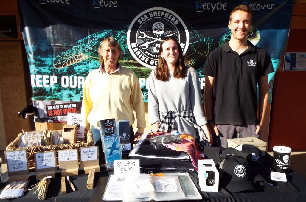Rel Lacey, Chelsea and Bryce Watts-Parker from the Mallacoota Chapter of Sea Shepherd  offer movie tickets and plastic-free alternatives to single-use consumables.