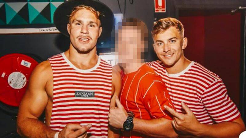 Jack De Belin and friend Callan Sinclair on a pre-Christmas pub crawl in Wollongong. Picture: Nine News