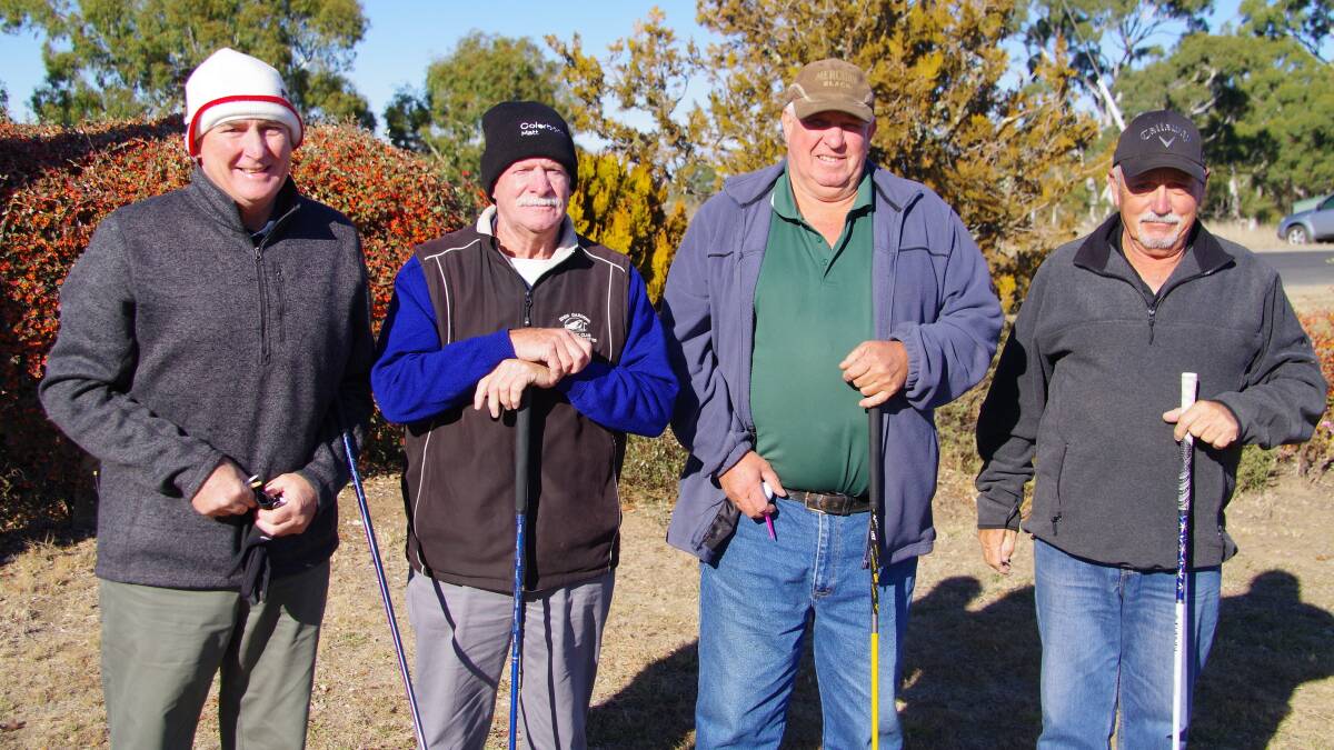 Cec Miller and Russ Waddell of Eden with Leon Jones of Bombala and Greg Lasker Tura prepare to play a round in the Bombala golf tournament on the weekend.