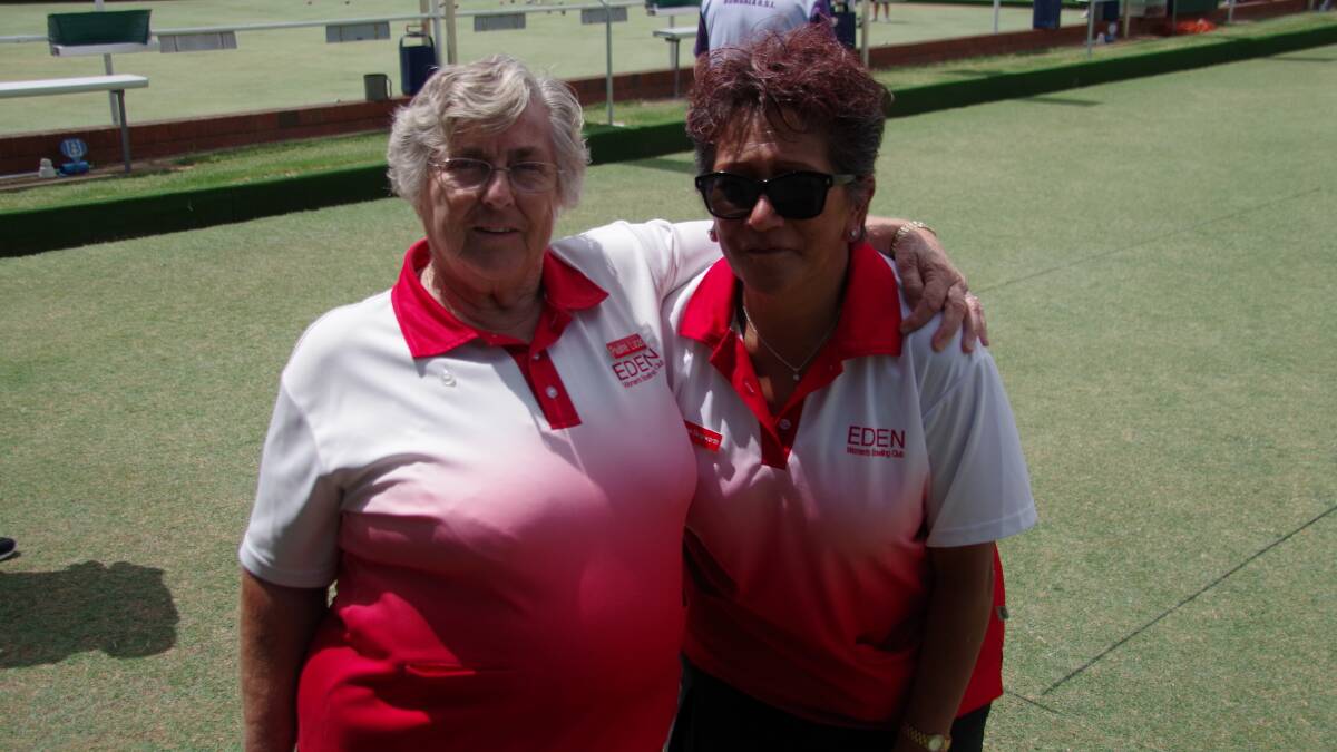 Pauline Lucas and Di Skipworth of Eden send down a few bowls at the Bombala Bowling Club on the weekend.