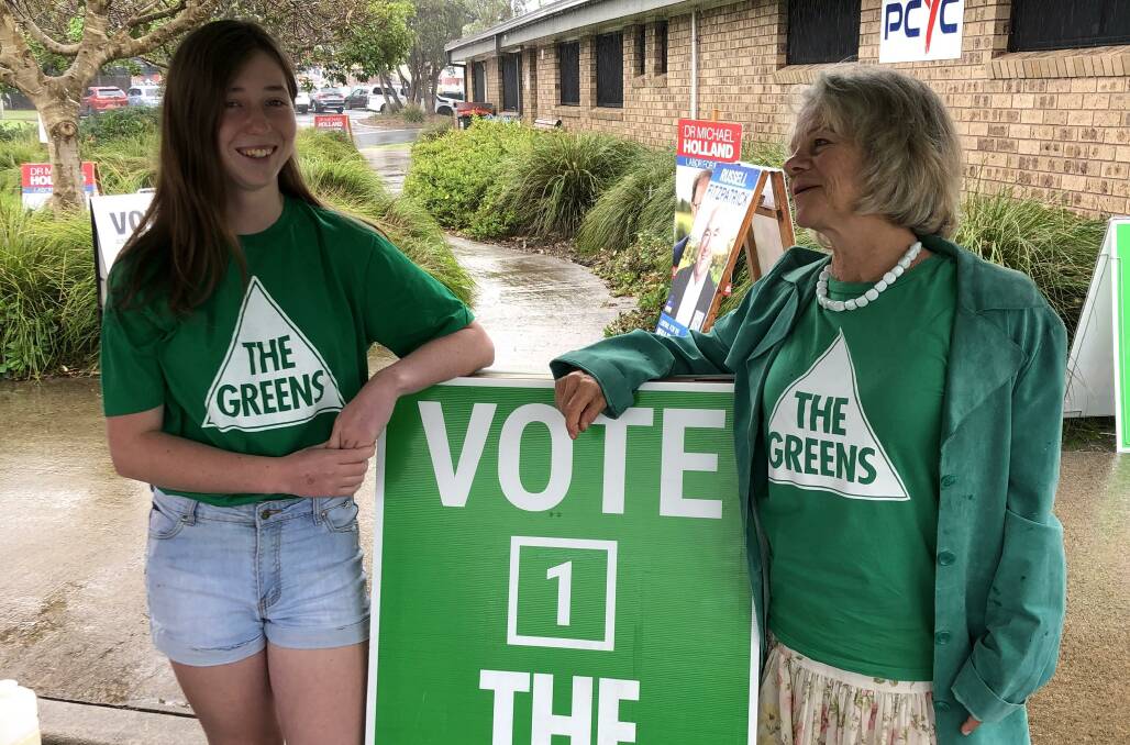 Greens candidate Cathy Griff with election day volunteer Lucy from Narooma High School. Picture supplied