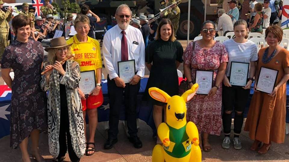 Bega Valley 2020 Citizen of the Year Award winners pictured in January with acting general manager Alice Howe, Australia Day Ambassador Jane Rutter and Mayor Kristy McBain are Michele Bootes, Colin Dunn, Clair Mudalier, Kiarna Woolley-Blain and Jennie Keioskie (absent: Kate Lewis).