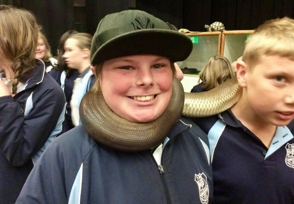 Michael Fulton, Year 8, has a close encounter with an olive python