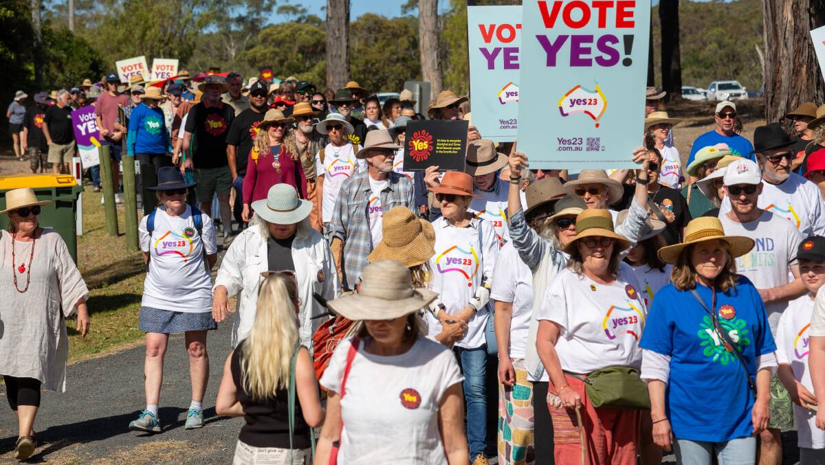 Far South Coast community members gather to demonstrate their support for a yes vote for the Voice referendum. Picture by Chris Sheedy 