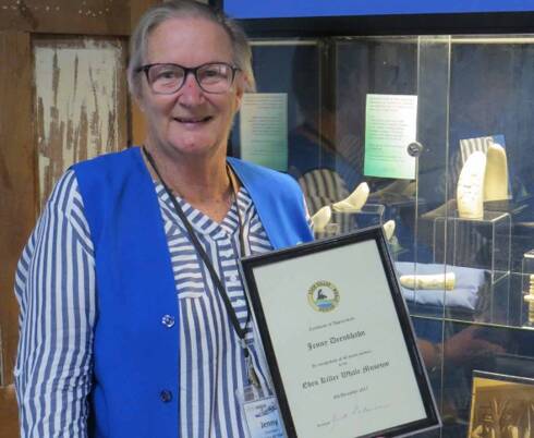 Jenny Drenkhahn is congratulated for 40 years' service to the Killer Whale Museum.
