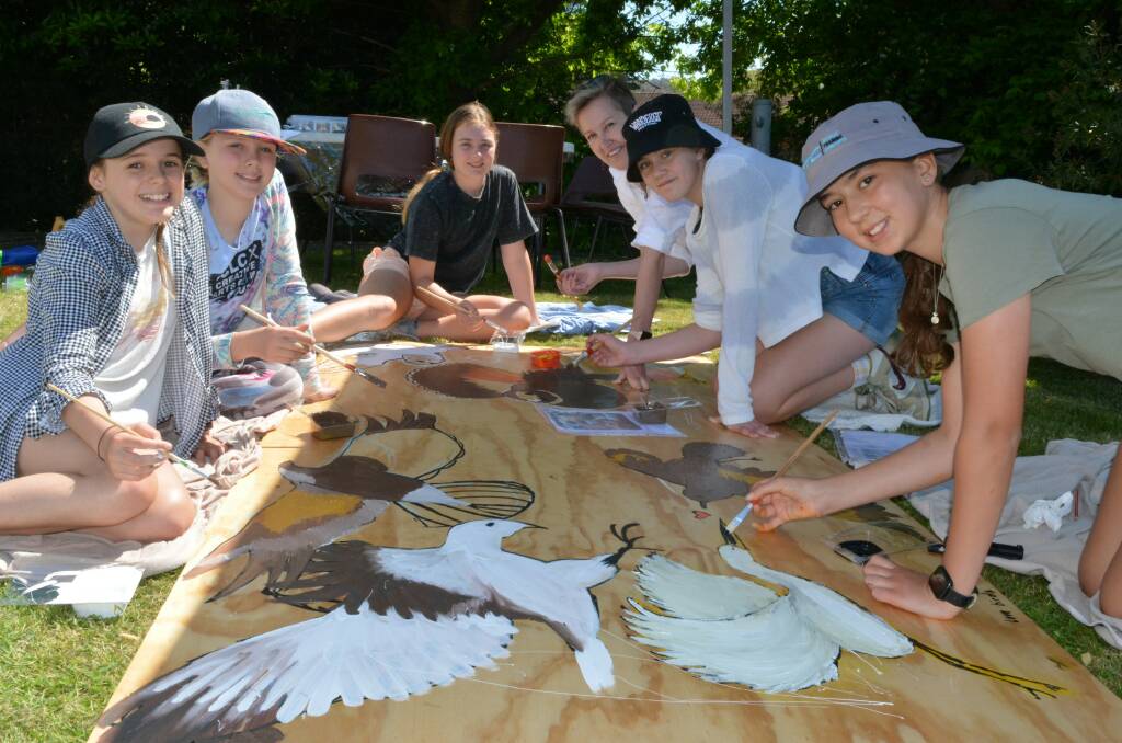 Creating some bird-inspired art at Panboola's 20th birthday are (from left) Marley Torpey, Holly Dimwoodie, Charley Whitehead, Terri Tuckwell, Pepper Bailey and Delilah Rajic. Pictures by Ben Smyth