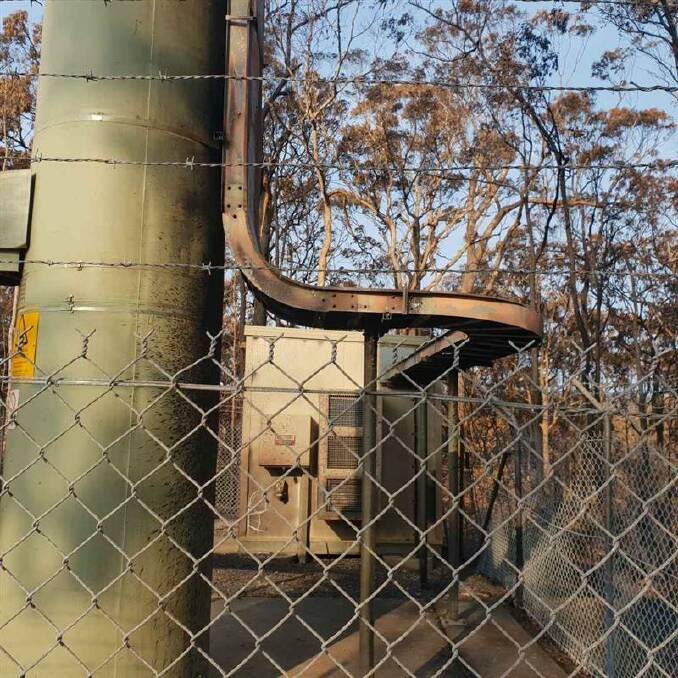A Telstra mobile base near Batemans Bay damaged after the bushfires. Picture: Supplied. 