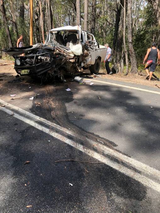 White Toyota Hilux lost control on the Princes Highway, Eden. Picture: Eden Fire & Rescue.