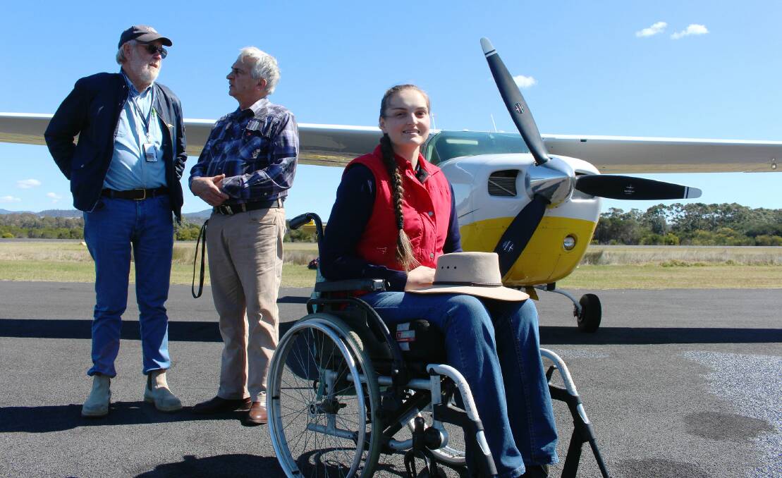 Angel Flight volunteer pilot Dave Hammersley, Rob Allan and Nell Allen-Coen depart Merimbula airport to see a specialist in Canberra. 