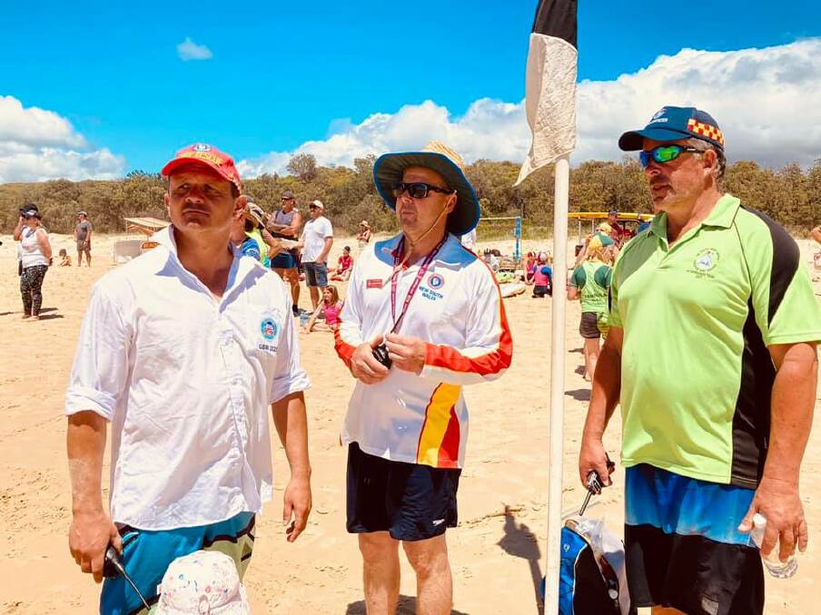 Brendan Constable and Glenn Bywater of Narooma with director of surf sports Andrew Holt of Pambula. Picture: Surf Life Saving Far South Coast Branch Facebook.
