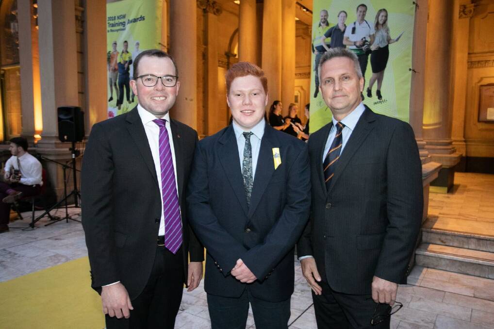 State awards night: TAFE NSW Bega student Thomas Burn with the minister responsible for TAFE NSW, Adam Marshall and TAFE NSW managing director Jon Black. Picture: Supplied