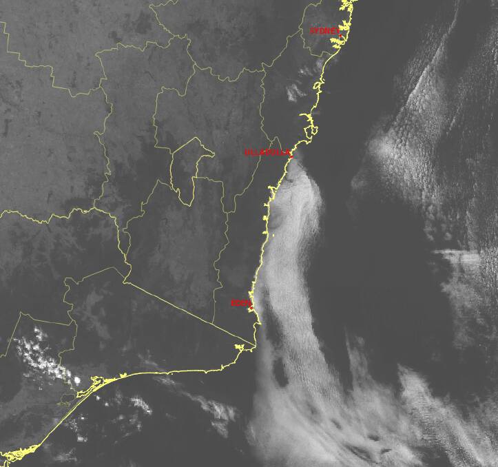 Satellite image taken on Wednesday at 11am. The white cloud on the coast south of Eden is the sea fog. Image: 