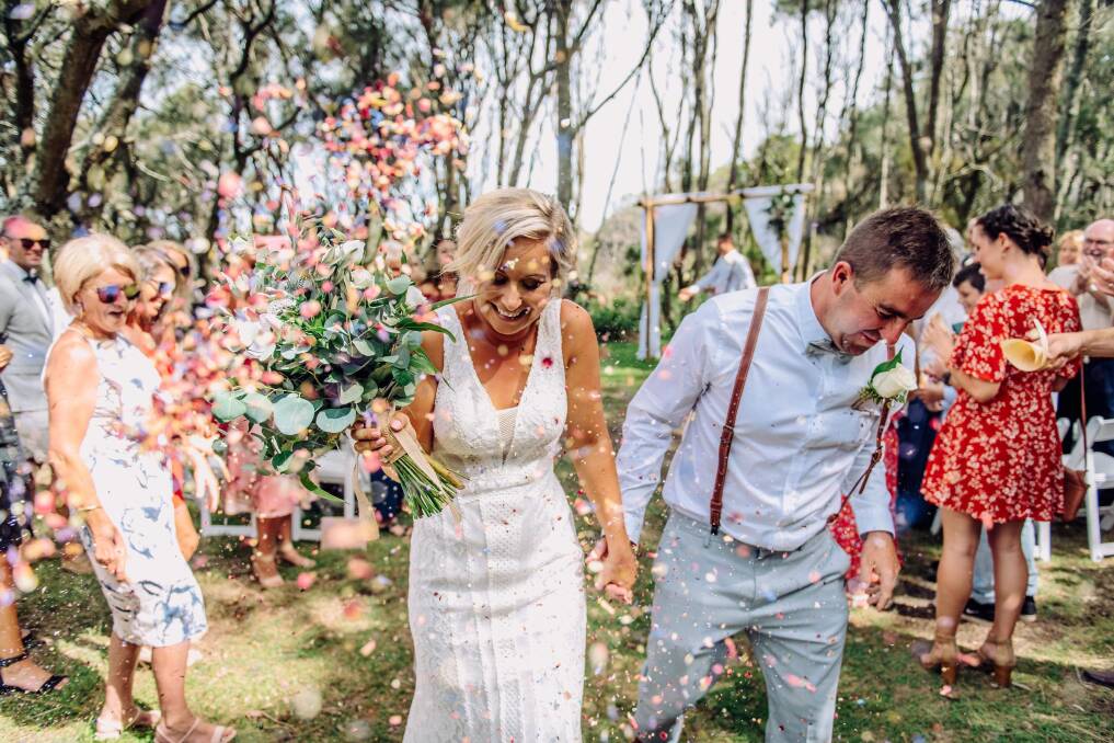 HAPPY DAY: Mikaela Irwin and Kieran Quealey were married in South Durras in February 2019. Photo: Jakcob Montgomery Images Ulladulla