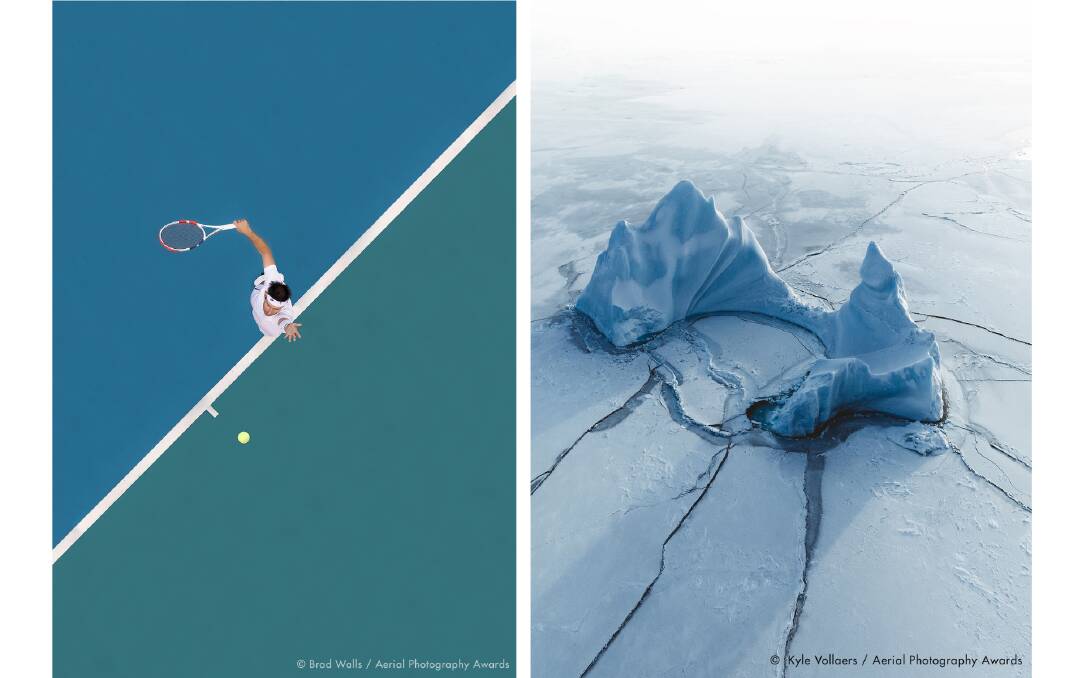 LEFT: The physical motions of a tennis player against the clean abstract lineage of the court created a harmonious effect to the eye. Photo: Brad Walls, Aerial Photography Awards 2020
RIGHT: This image was taken off the coast of Qeqertarsuaq, Greenland in -25° celsius. One of the most beautiful yet abstract places I've ever seen. Photo: Kyle Vollaers, Aerial Photography Awards 2020