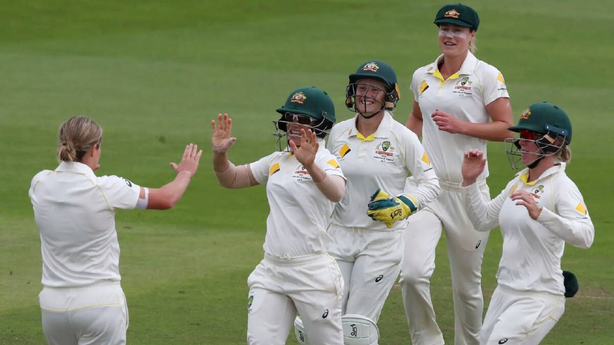 Australia celebrate the wicket of England's Anya Shrubsole, stumped by Alyssa Healy off Jess Molineux at Taunton on Sunday.