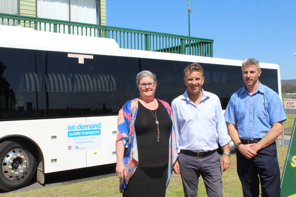Jamie Klemm, Sapphire Coast Buslines,  member for Bega and Transport Minister Andrew Constance with Sapphire Coast Buslines logistics manager Chris Clapton.  