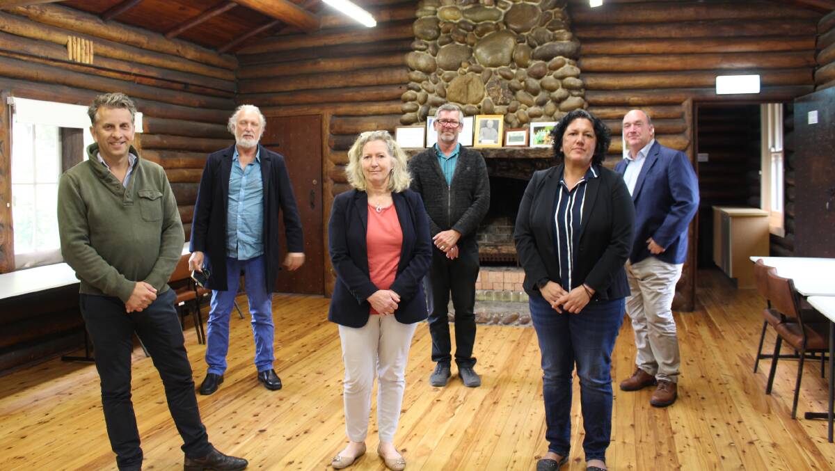 Eden Log Cabin meeting: Bega MP Andrew Constance, Peter Whiter, Carina Severs, Eric Wolske, Clair Mudaliar and Mayor Russell Fitzpatrick. Photo: Denise Dion