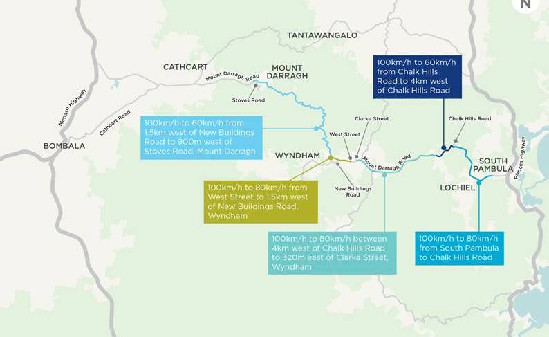 The map showing five different changes to current speed restrictions between South Pambula and Mount Darragh.