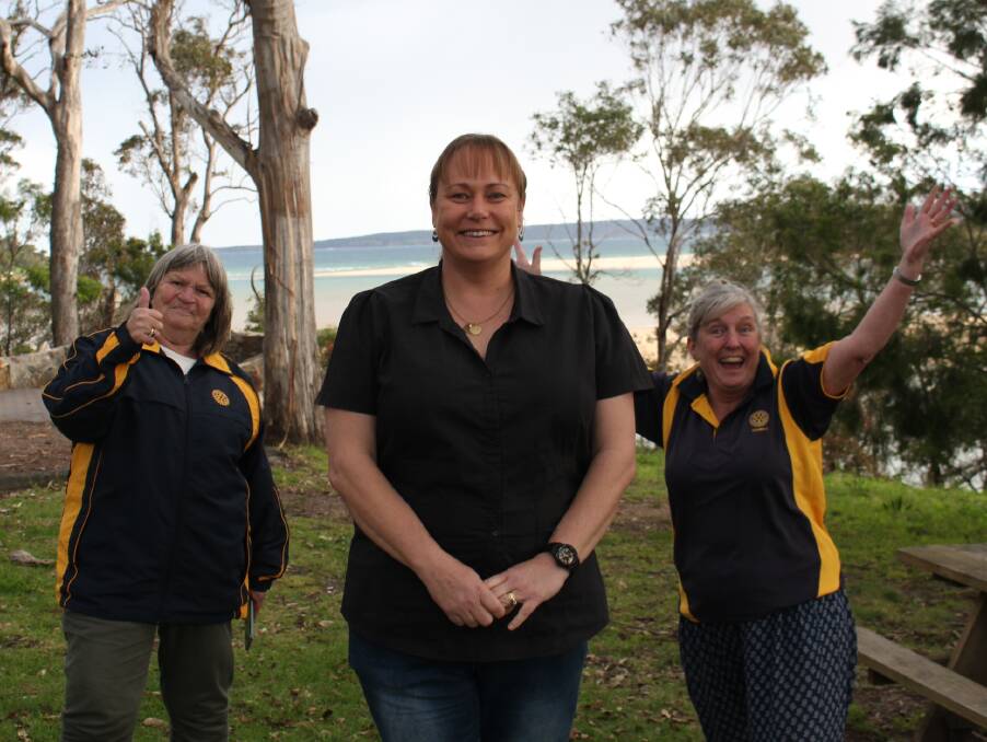 HOW GOOD IS SARAH: Thrilled Rotarians Beth Moore and Lynn Koerbin celebrate the recognition of Sarah Bancroft's work with youth in the Bega Valley.