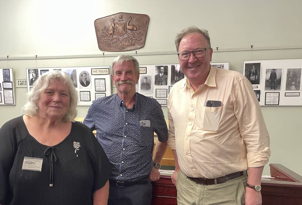 Elizabeth McIntyre, president of the Genealogy Society, ex-constable Danny Webster and Bega MP Dr Michael Holland. Picture by Denise Dion