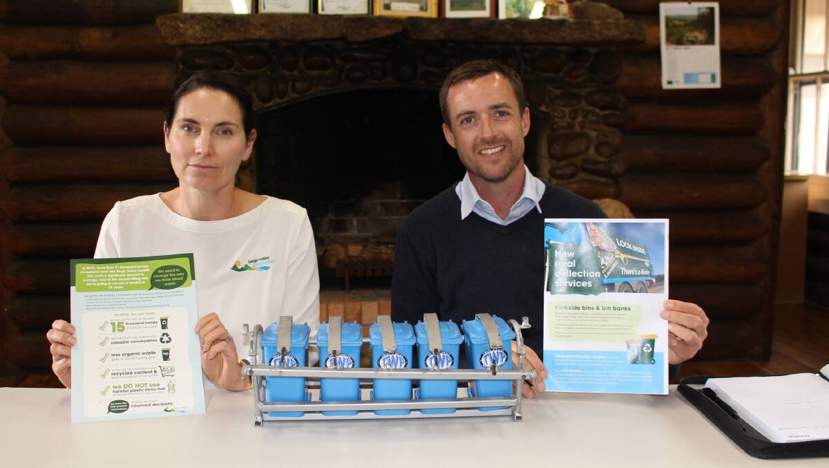 Waste project manager Kimberley Rushbrook and waste services manager Alan Gundrill with models of the rural bin banks, want everyone to change the way they think about waste.