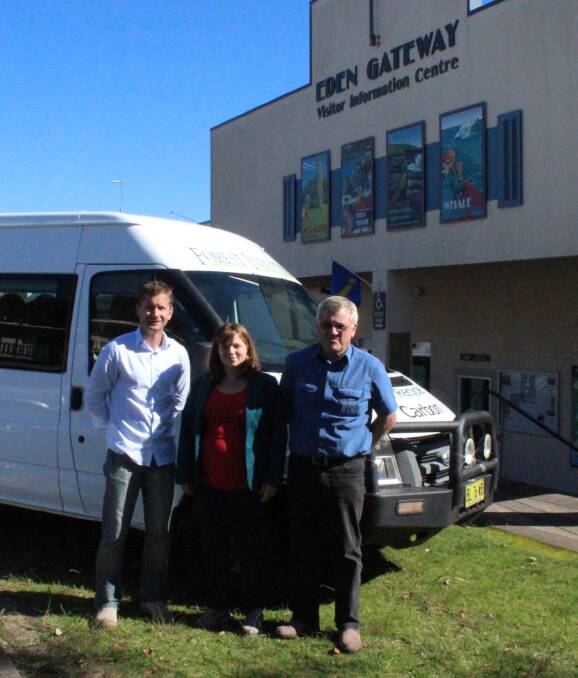 Rolling: (from left) Allied Natural Wood Exports' general manager Jarrod Wallis, EVIC manager Shannon Woloshyn and EVIC board member Bob Sykes with ANWE donated  bus, Monday May 2. Picture: Toni Houston