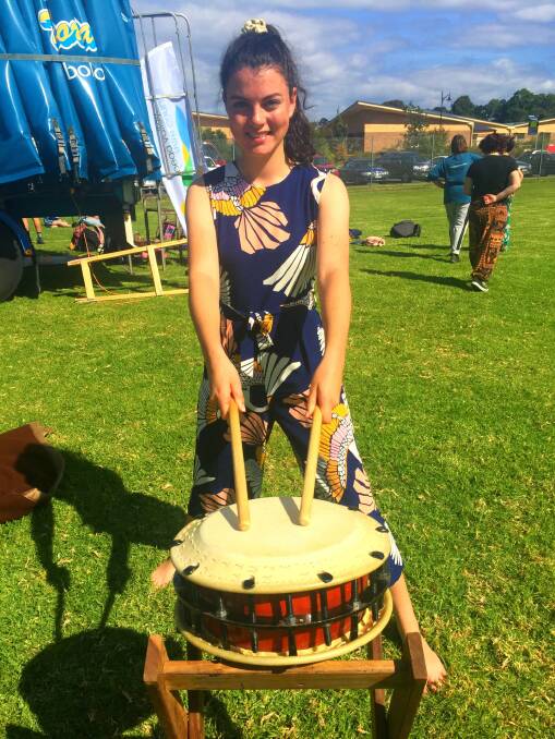 Drumming up a storm : Ruby Newell from Cobargo performed with Stonewave Taiko Drumming. Photo: Rachel Mounsey