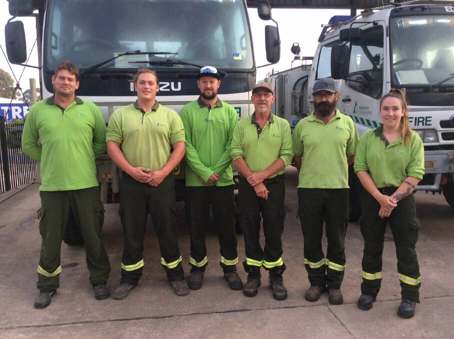 Getting the job done: The Eden firefighting crew prior to departure  earlier this week (from left) Josh Hyde, Jacob Young, Mat Hanshaw, Damien Wister, David Ashburn and Kayla Burdett 