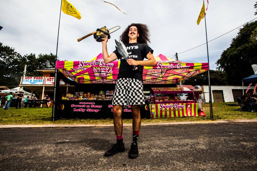 Chainsaw and machete juggling daredevil Rhys theTrickster had show goers at the edge of their seat at the Bega Show. Photo: Rachel Mounsey.