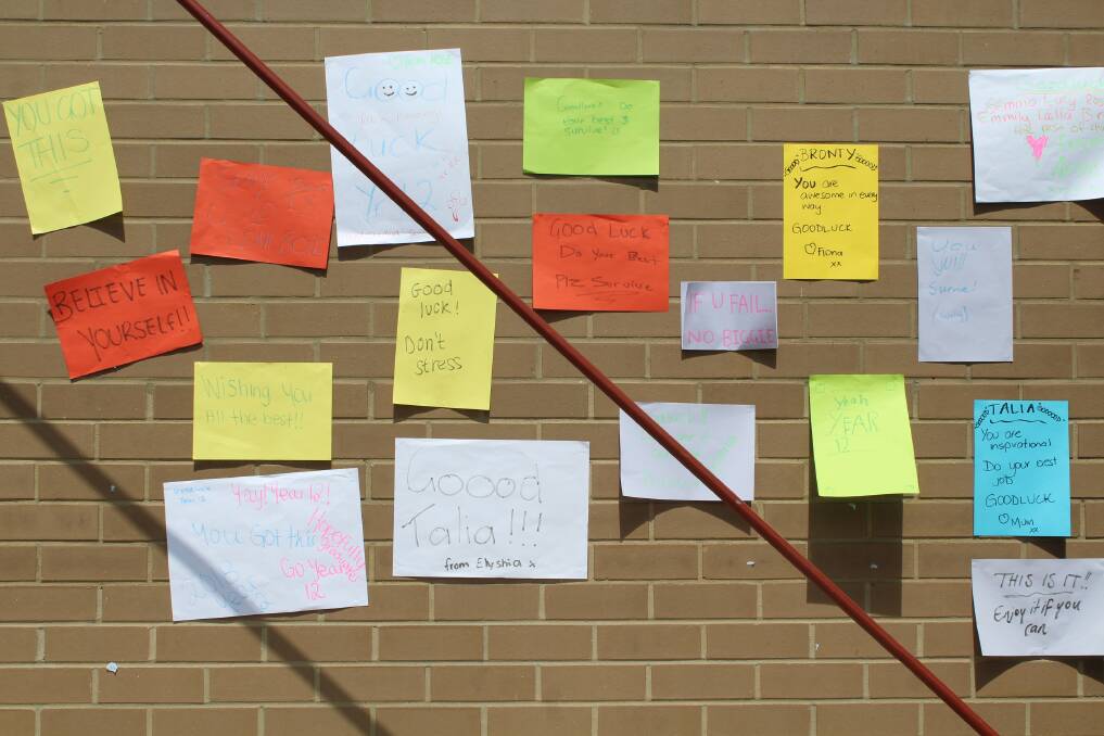 You've got this: Notes of encouragement posted at the entrance of the Eden Marine High School hall where HSC students are sitting their final year exams.