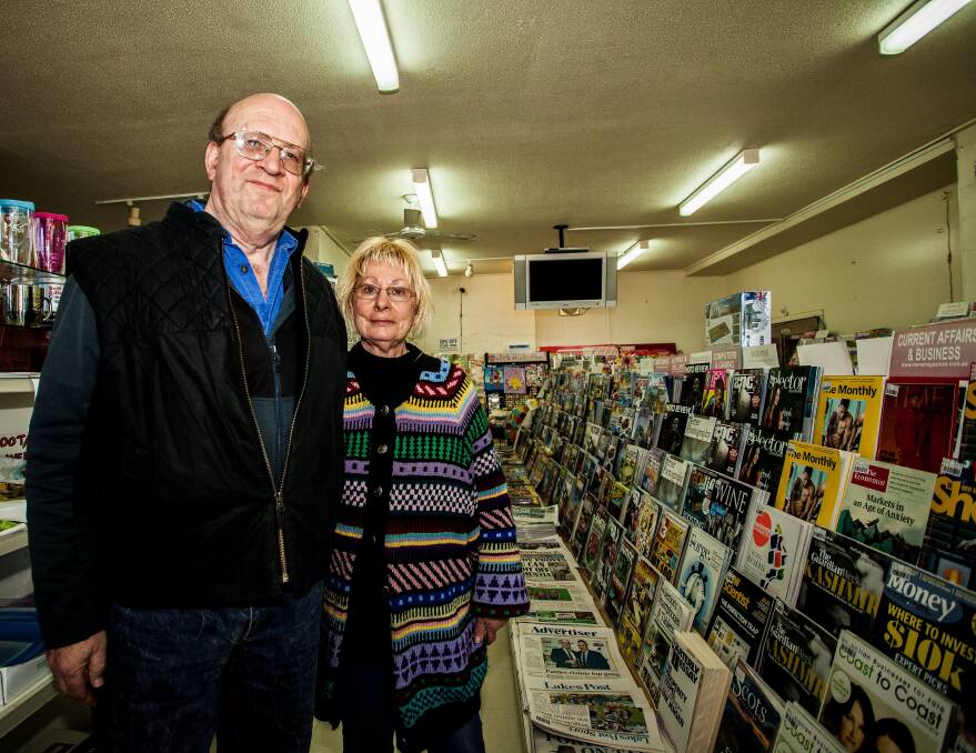  Surely to be missed: Newsagents Michael and Rita Pearce are leaving behind their popular business the Mallacoota Newsagency after 16 years. Photo: Rachel Mounsey