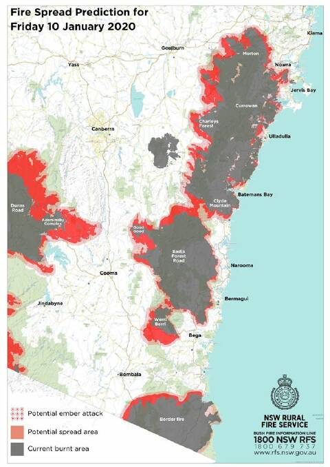 Fire Spread Prediction for Friday 10 January 2020 - Southern Coast. Image: NSW RFS/Facebook