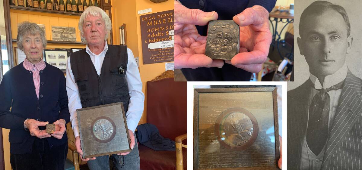 Robyn Evershed and Graham Farram hold the Death Medal (bottom insert) and pocket book of prayer (top insert) for Arthur Clifford Evershed (right). Pictures: Supplied 