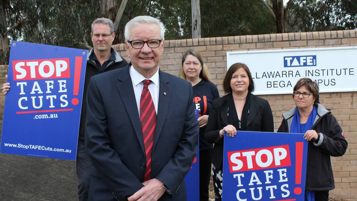 STOP TAFE CUTS: Senator Doug Cameron stands at Bega TAFE with Rob Long, Annette Bennett, Leanne Atkinson and Maxine Sharkey on Wednesday. 