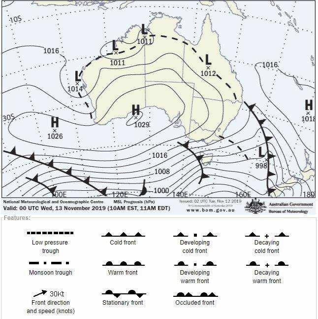 This short-term forecast weather map for Wednesday from BoM shows Tuesday's cold front has moved into the northern part of NSW while the Far South Coast experiences a low pressure trough. Image: Bureau of Meteorology