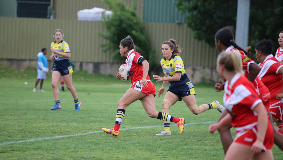 Eden's Jacqueline Scott closes in to tackle a Narooma player during their clash at the Bega Recreation ground last week. 