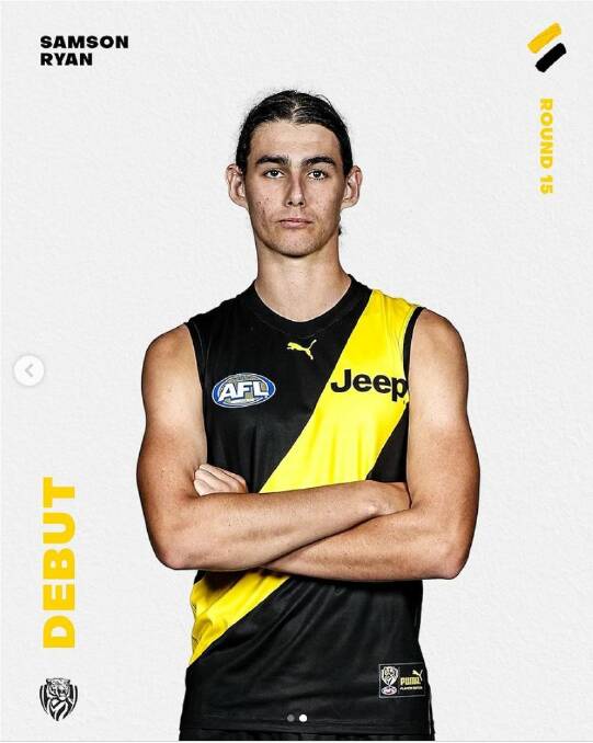 Debut: 2020 draft pick Samson Ryan a former Merimbula footballer will debut for the Richmond Tigers on Friday night. Picture: Richmond Instagram. 