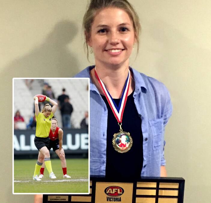 Paving the way: Eden's Shannon Kirkby is presented the Joanne Cox trophy for dedication to Aussie rules and (inset) umpires on the MCG. Picture: Supplied