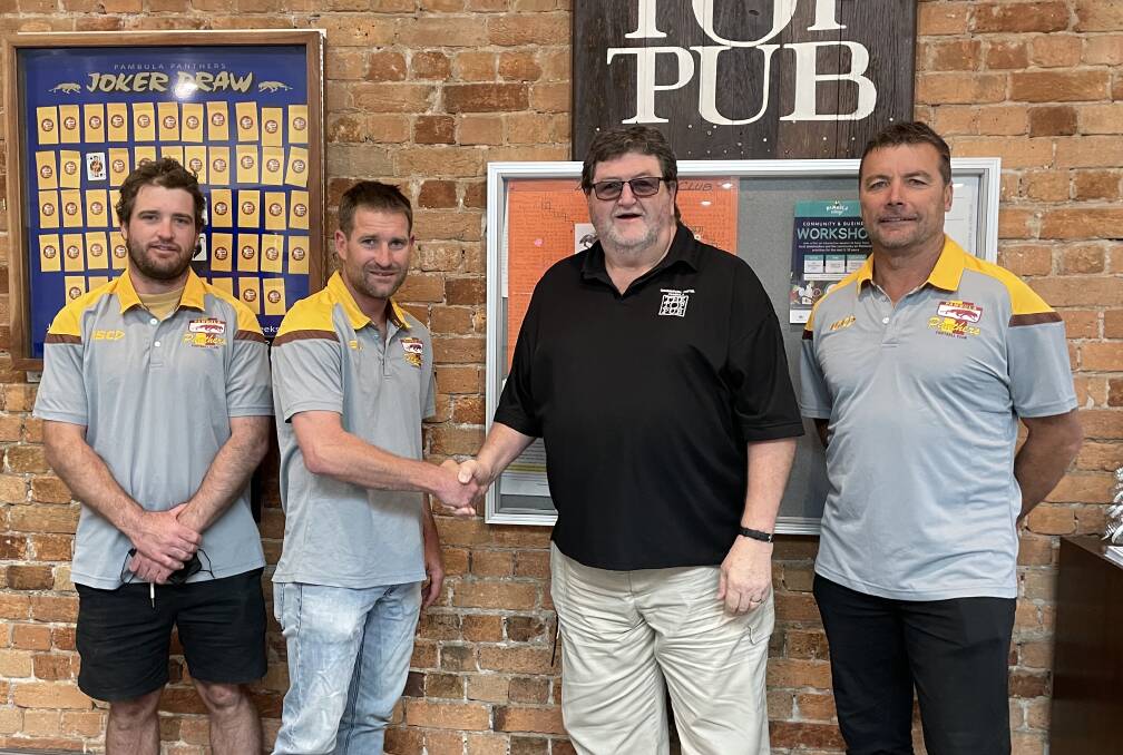 Trinity: Incoming Panthers coaches Lachy Small, Sean Smith and Paul Noack say thanks to the Top Pub's Grant Kennedy for his support in the upcoming season. Picture: supplied. 