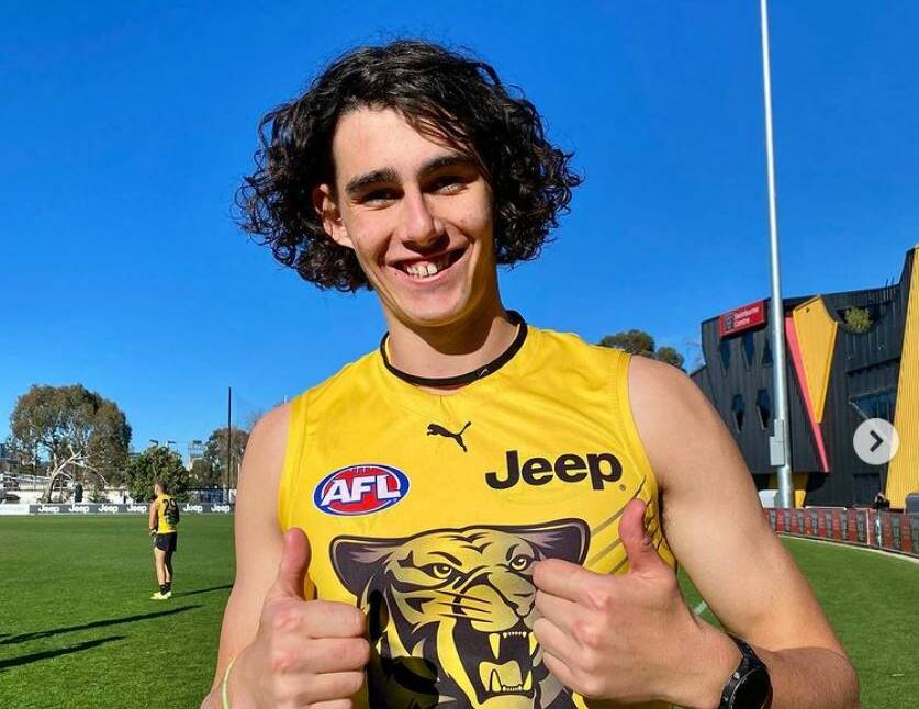 Stoked: Samson Ryan will make a debut for the Richmond Tigers Friday night at the MCG against St Kilda. Picture: Richmond Instagram. 
