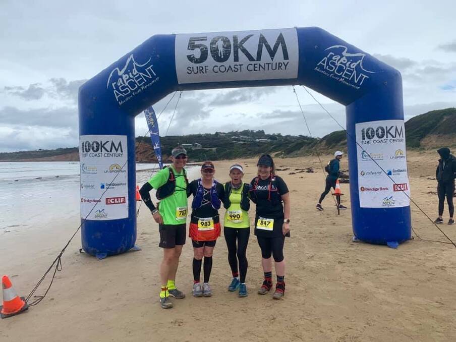 Running shoes on: Sapphire Coast Runners at the finish line of the Surfcoast century ultra marathon event. Picture: supplied. 