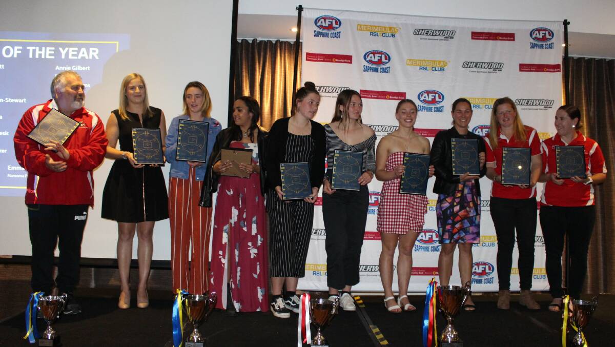 Awards night: Members of the selected SCAFL Women's Team of the Year with coach Shane Crowe during the presentations. 