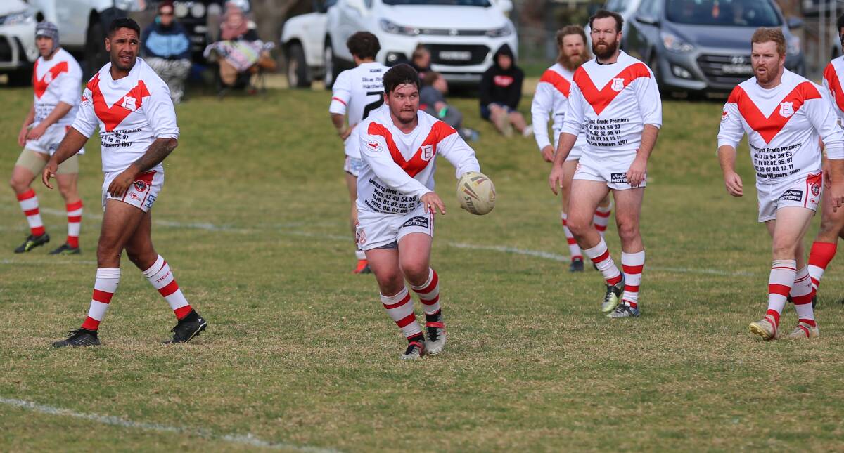 Send it: Tom Henderson fires a pass out of dummy half during Eden's loss to the Merimbula-Pambula Bulldogs on Sunday. 