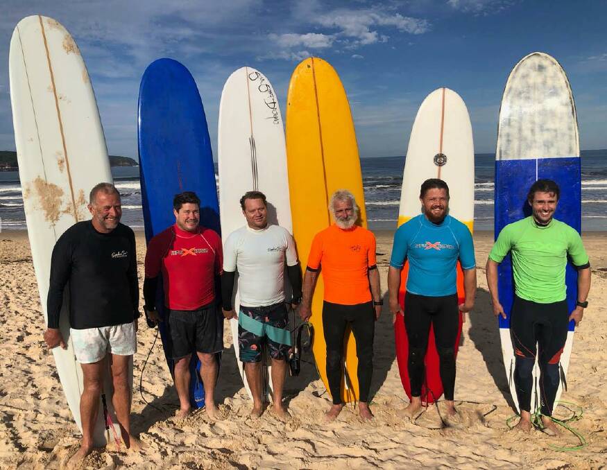 Contenders: The finalists on the day are Phil Coates, Ray Lawrence, Christian Pimm, Dave Prowse, Clancy Mills, Danny Jones. Picture: Merimbula Sailboard Club. 