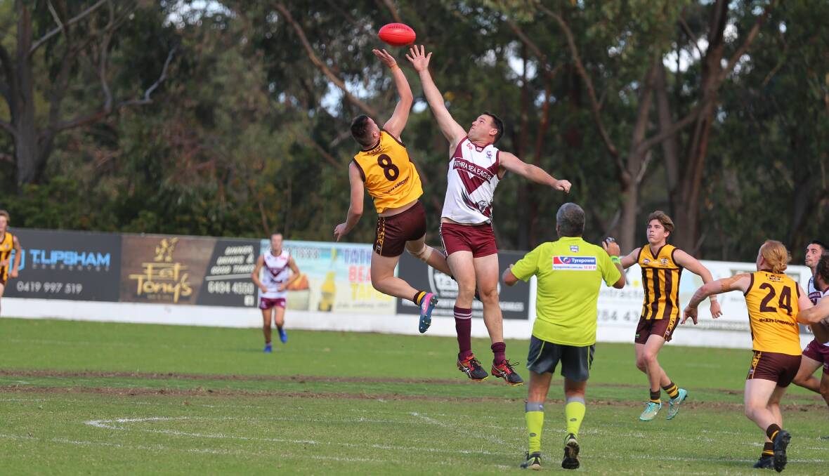 Air-time: Sea Eagle Rick Spink and the Pambula ruck fly high in a ball up for the Sapphire Coast AFL's opening round at Lawrence Park on Saturday. 