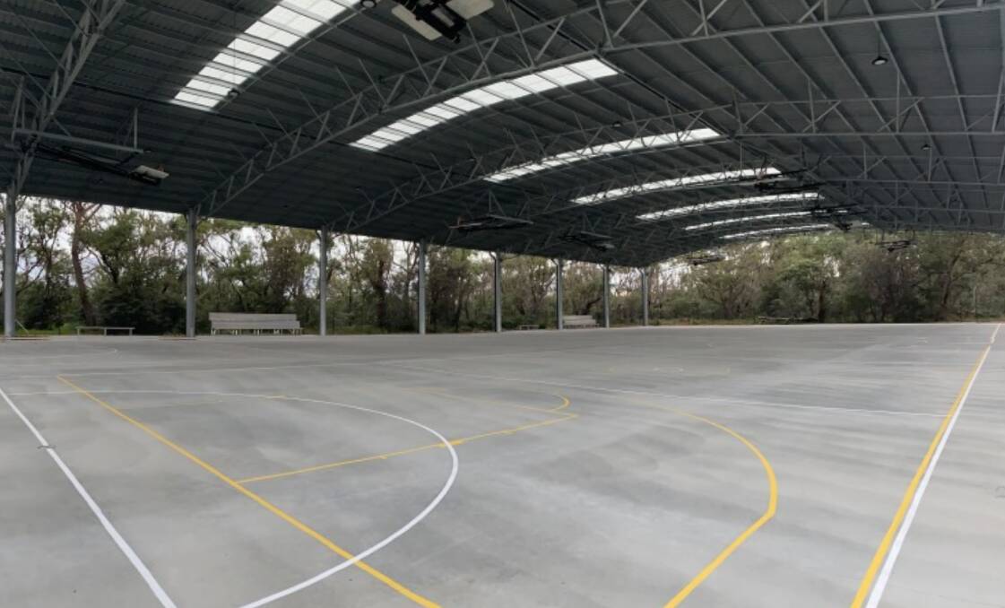 Nearly there: The roof, lighting and hoops are completed at the Merimbula basketball courts. Picture: Owen Humphreys. 