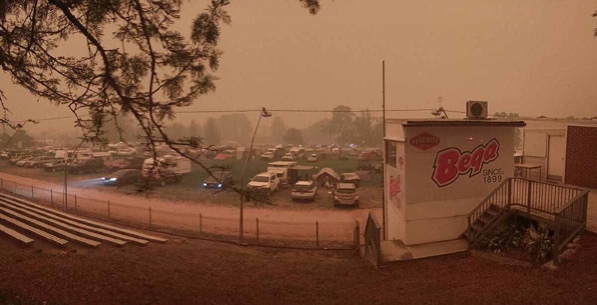 HARD TO BREATHE: Smoke haze looms over the Bega Evacuation centre on Saturday afternoon. 